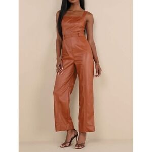 NWT Lulus Trendiest Cutie‎ Brown Vegan Leather Straight Leg Jumpsuit Large